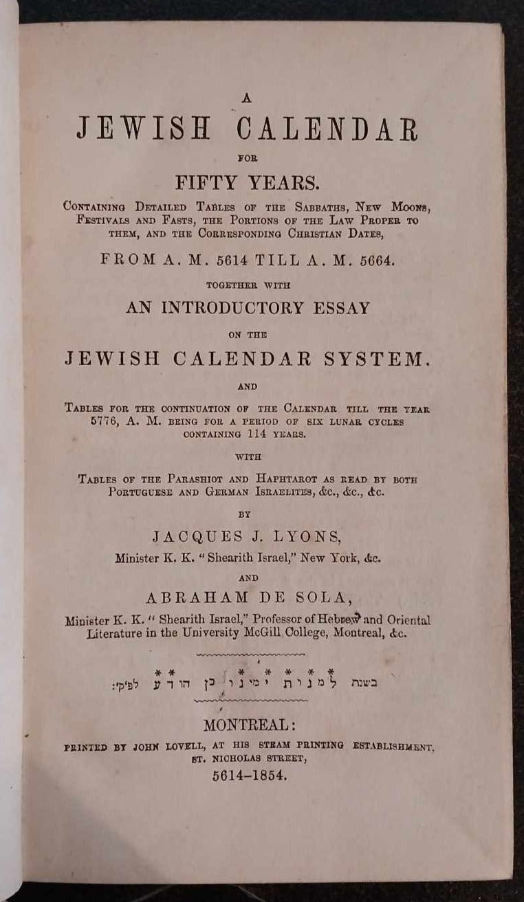 Jewish Calendar For Fifty Years by Jacques J. Lyons and Abraham De Sola image 1