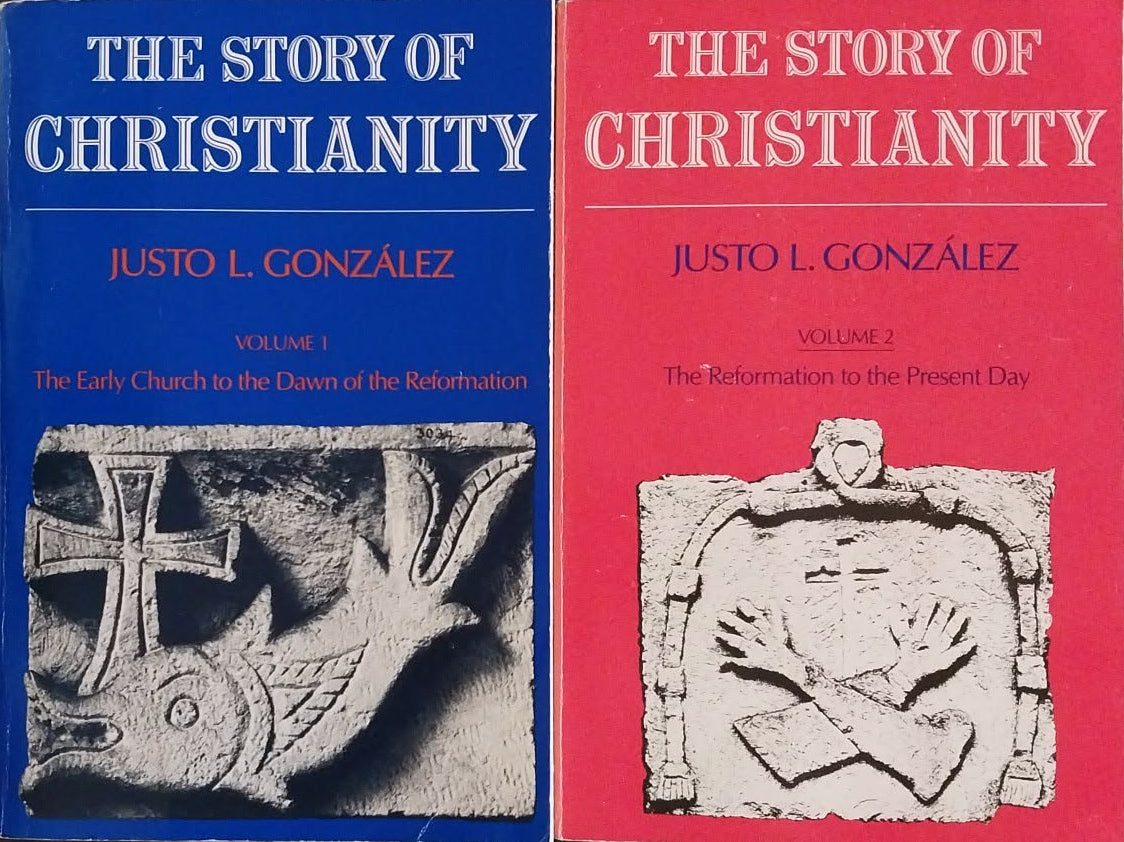 Two books titled 'The Story of Christianity' by R. E. González on a dark surface.