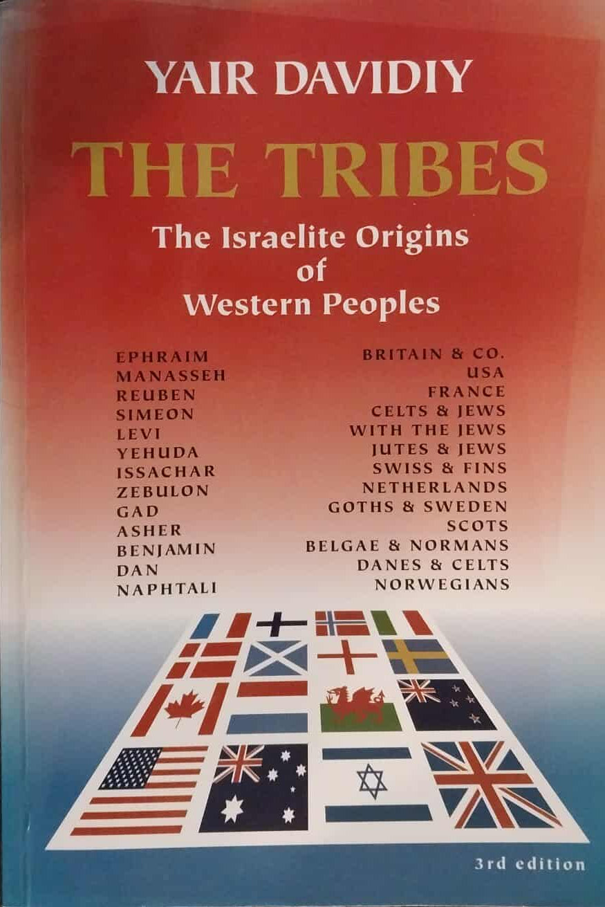 Book titled 'The Tribes: The Israelite Origins of Western Peoples' by Yair Davidiy on a dark background