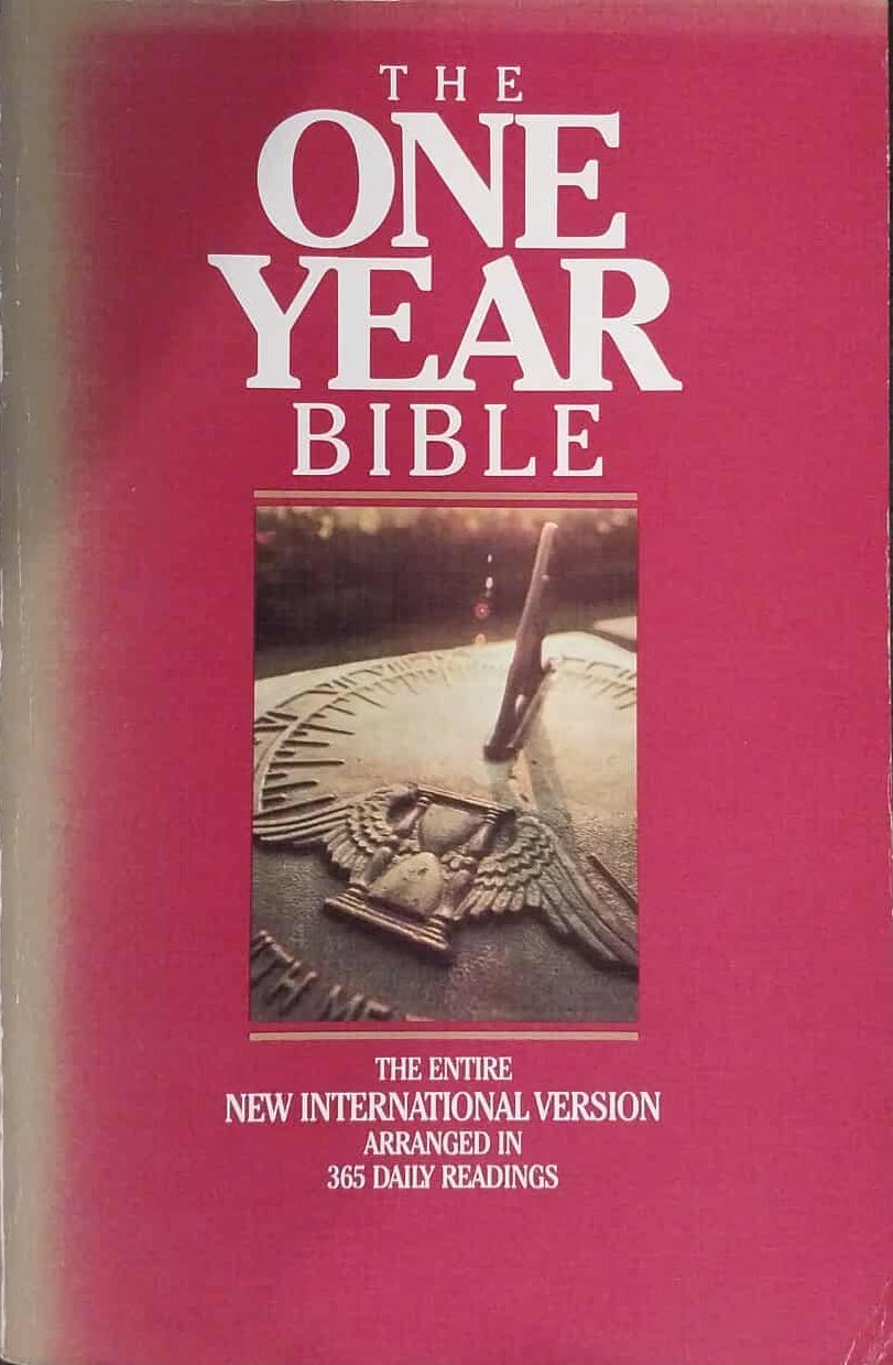 Pink book titled 'The One Year Bible' on a dark background
