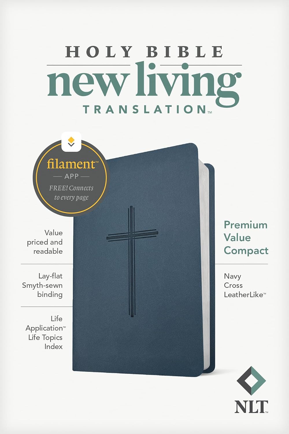 NLT Premium Value Compact Bible, Navy Cross LeatherLike, Filament-Enabled