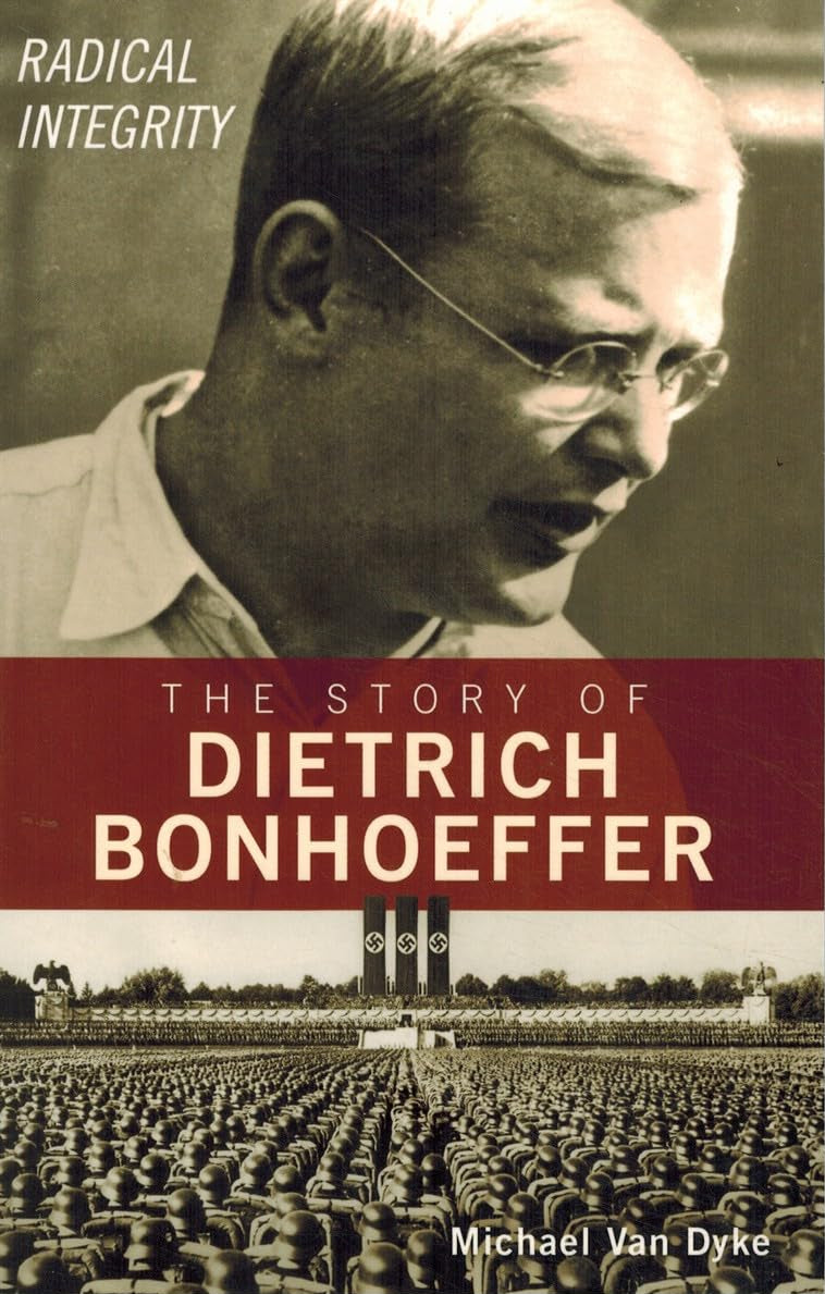 Book cover of 'The Story of Dietrich Bonhoeffer' with a black and white photo of a man and a large crowd.