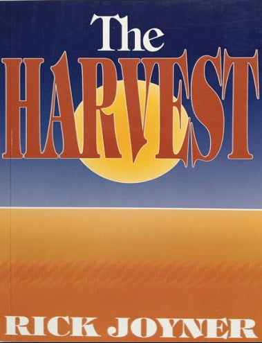 The Harvest book cover by Rick Joyner, featuring a blue sky gradient at the top, a large yellow sun, and bold orange-red lettering for the title, with the author's name in white at the bottom.