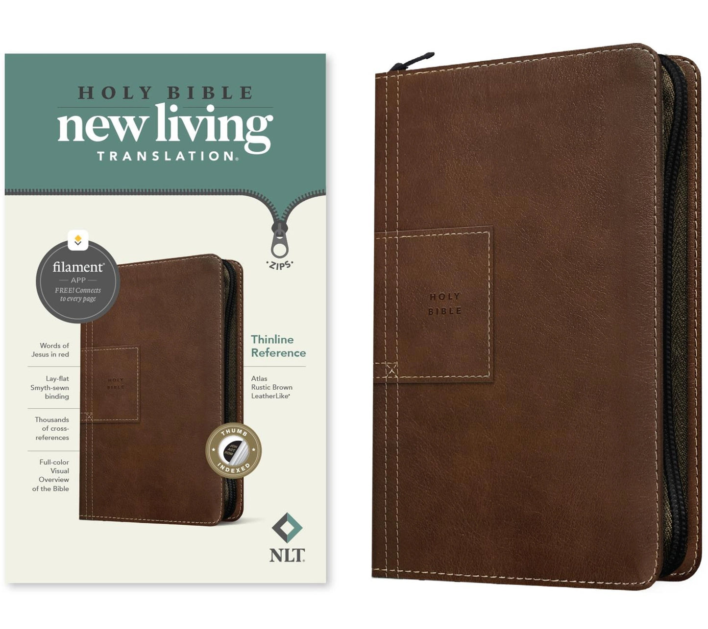 NLT Thinline Reference Zipper Bible, Filament Enabled Edition, Thumb-Indexed (LeatherLike, Atlas Rustic Brown)