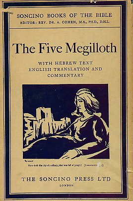 Book cover of 'The Five Megilloth' with text and illustration of a woman and cityscape.