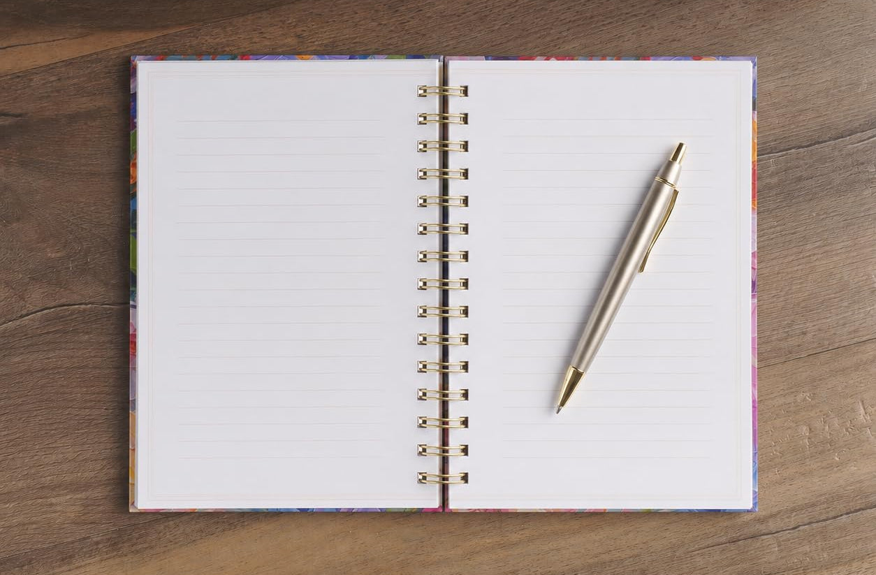Open notebook with a pen on a wooden surface, next to an iPhone and plant.