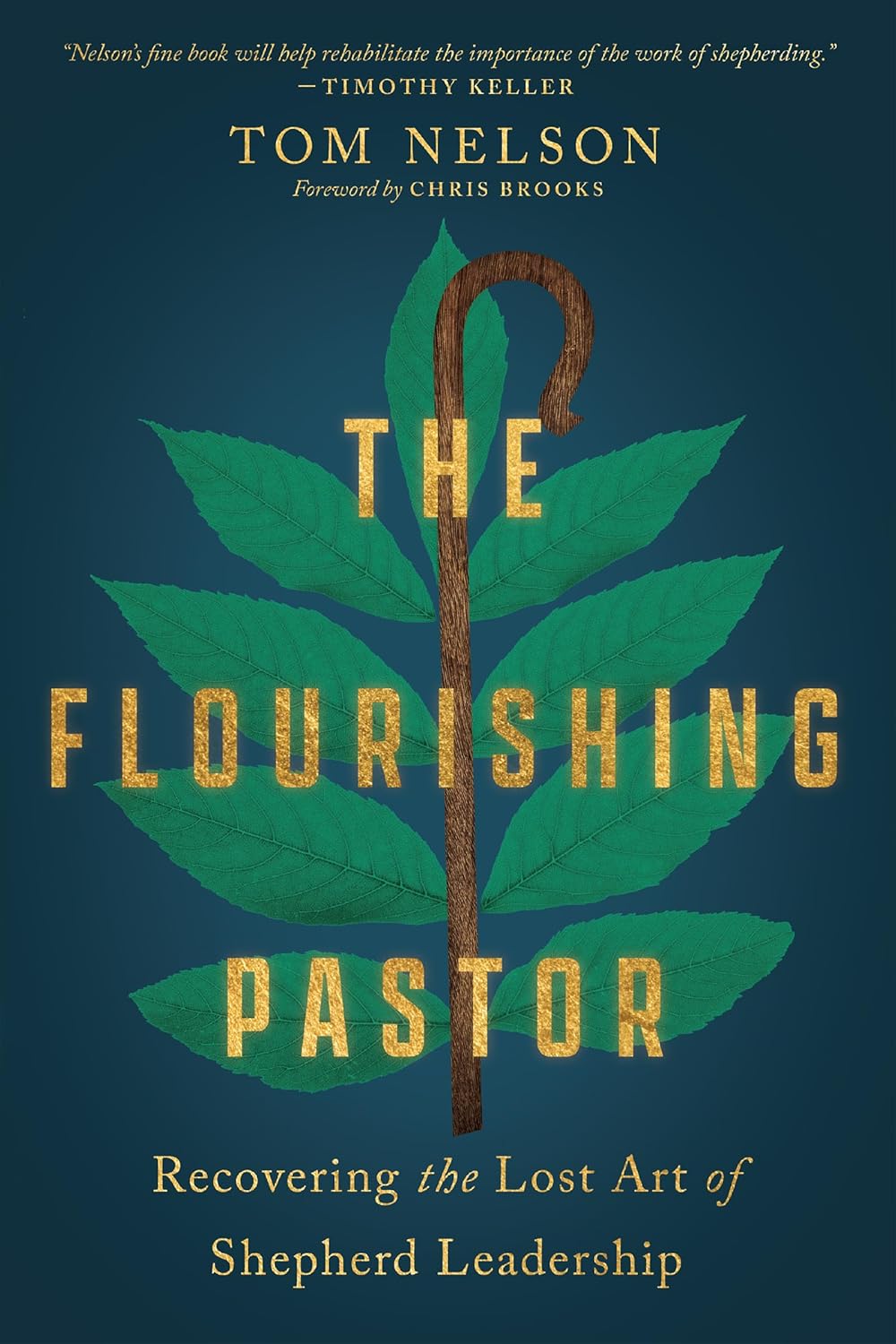 Book cover of 'The Flourishing Pastor' with a staff and leaves design on a blue background.