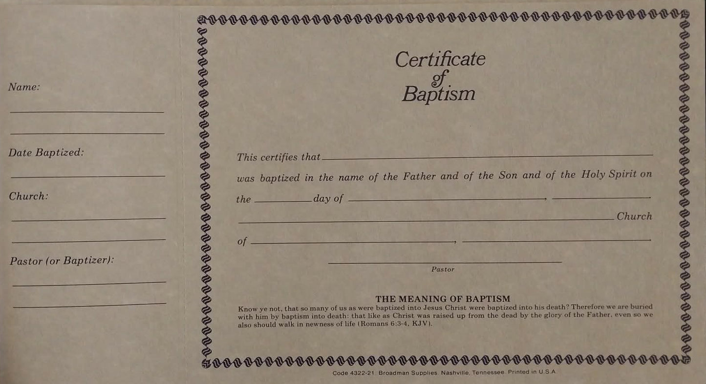 Baptism certificate with text and decorative elements on a plain background