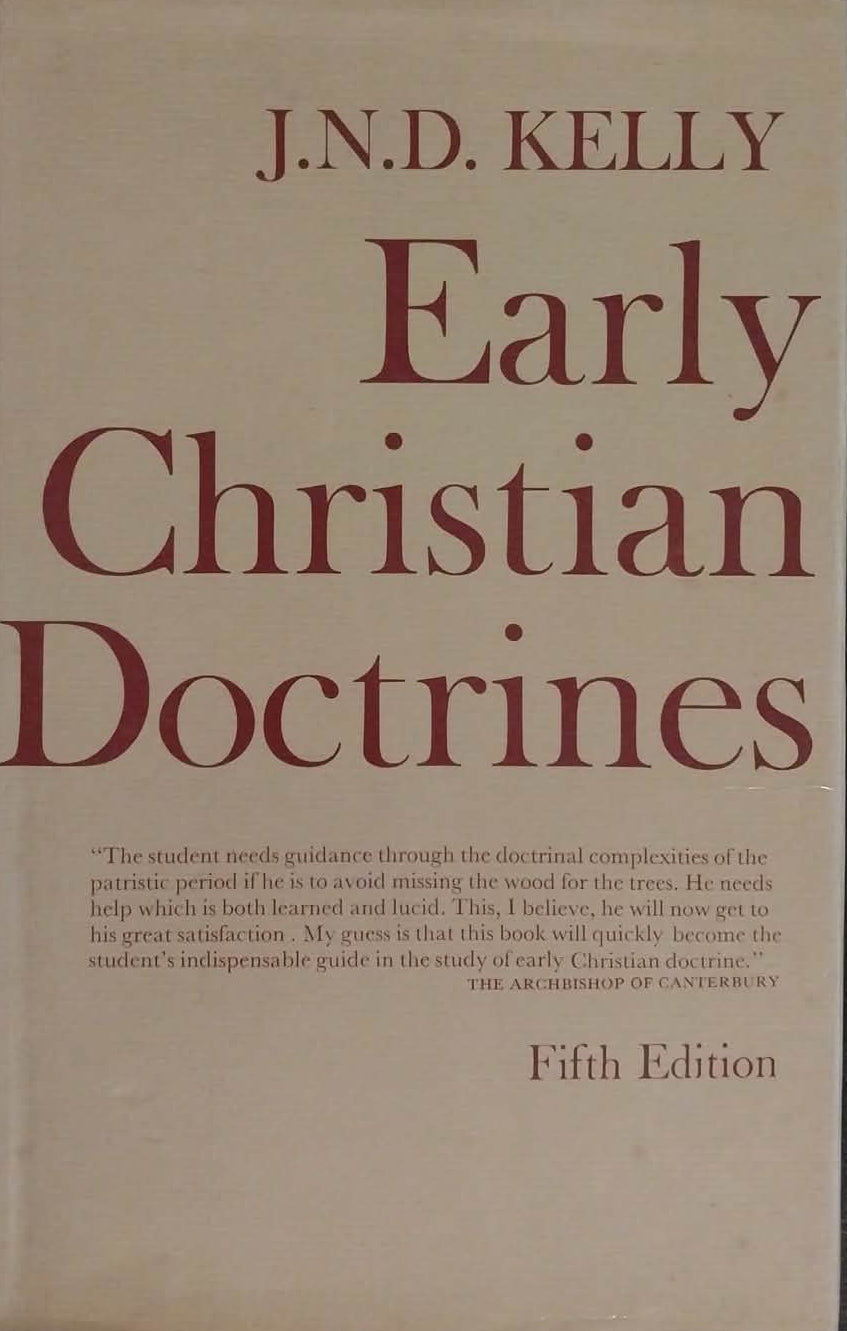 Book titled 'Early Christian Doctrines' by J.N.D. Kelly on a dark background