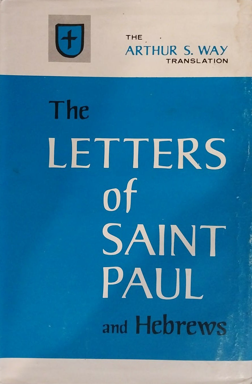 A vintage book cover for 'The Letters of Saint Paul and Hebrews' by Arthur S. Way, featuring a blue and white design with a small cross emblem, photographed on a dark textured surface.