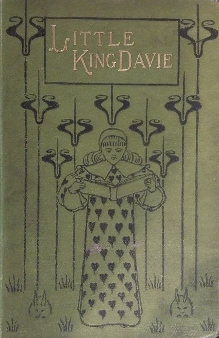 Vintage book titled 'Little King Davie' with an olive green cover featuring an Art Nouveau illustration of a girl in a heart-patterned dress.