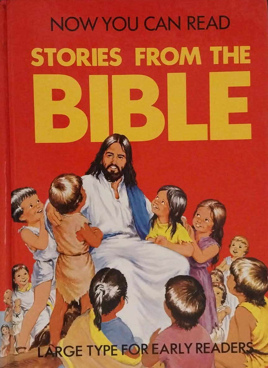 Book titled 'Stories from the Bible' with a red cover featuring illustrations of Jesus and children.