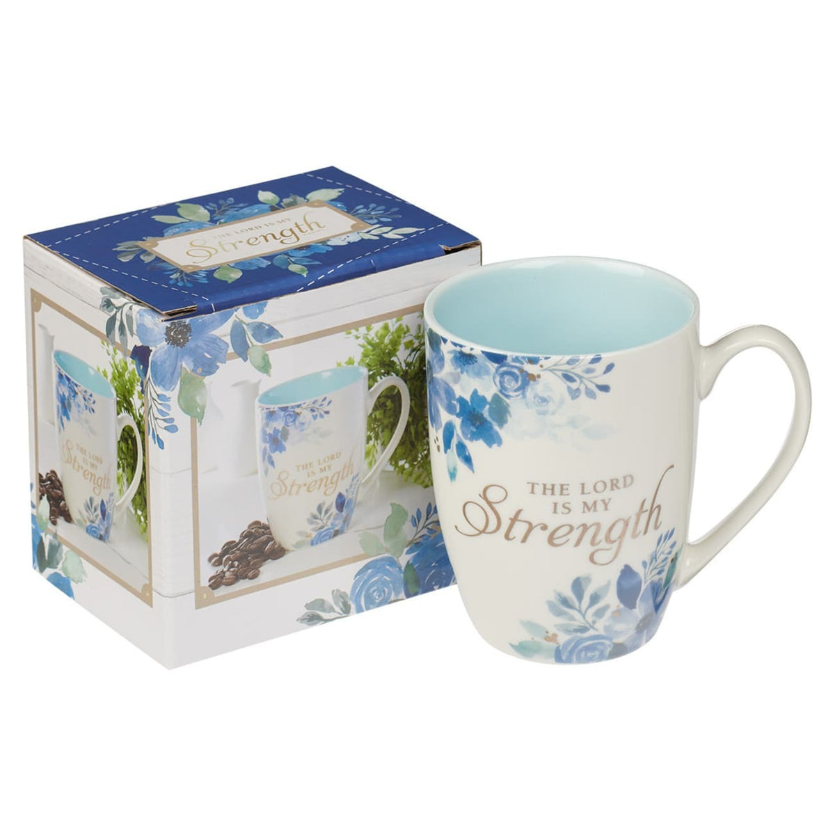 Lord is my Strength, Blue Floral Ceramic Mug