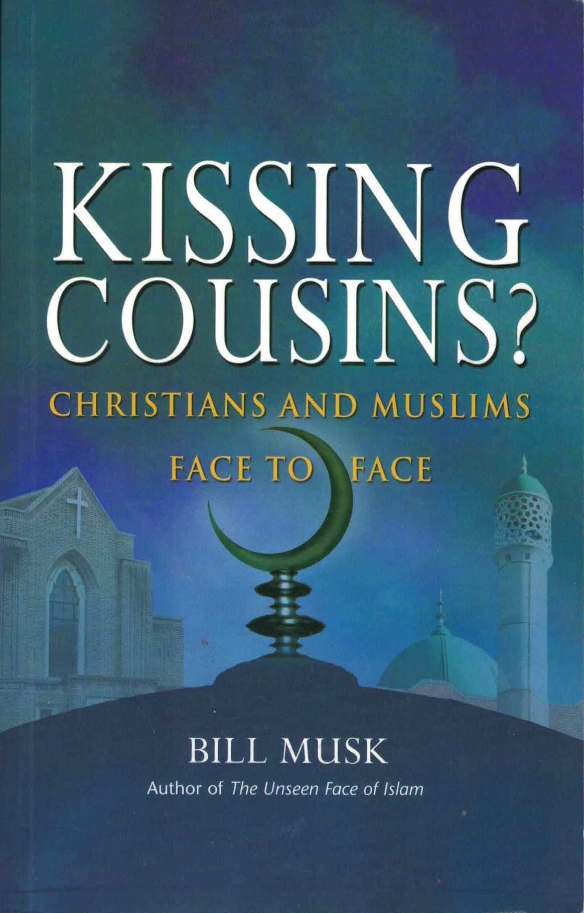 Book cover of 'Kissing Cousins?' by Bill Musk with religious symbols on a blue background