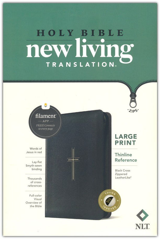 NLT Large Print Thinline Reference Bible, Filament Enabled--soft leather-look, black with zipper (indexed) By: Tyndale