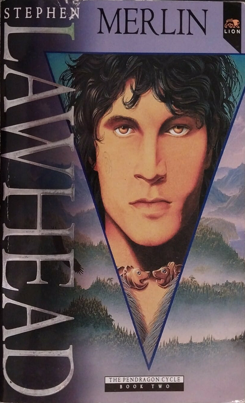 Book cover of 'Merlin' by Stephen Lawhead with a portrait of a man and nature scene.