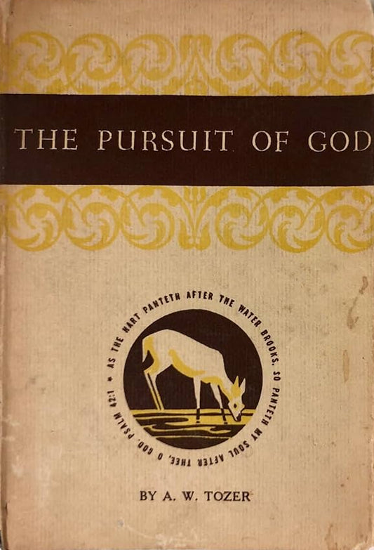 Open book titled 'The Pursuit of God' with decorative elements on the cover.