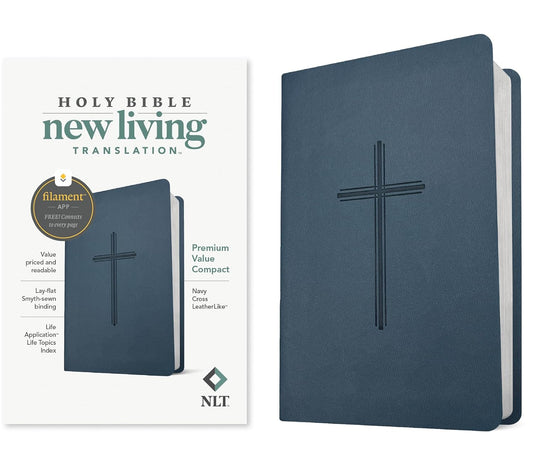 NLT Premium Value Compact Bible, Navy Cross LeatherLike, Filament-Enabled