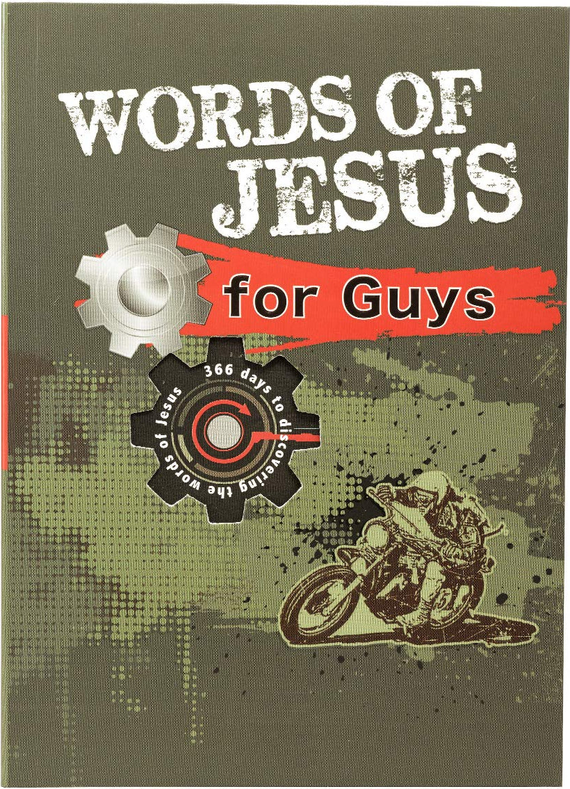 Book cover with 'Words of Jesus for Guys' text and motorcycle illustration on a green background