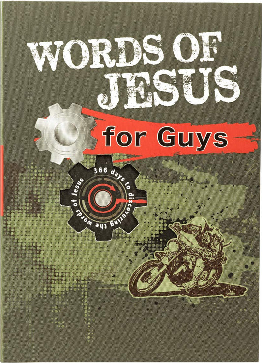 Book cover with 'Words of Jesus for Guys' text and motorcycle illustration on a green background