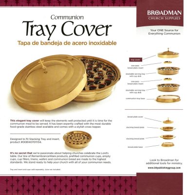 Communion Tray Cover - Brass Finish: Stainless Steel / Elegant Cross Topper / Protects Juice Until Time to Serve / Fits Stacking Tray and Disk