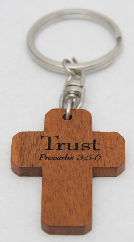 Wooden Keyring: Trust Mahogany Cross