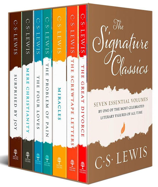 Set of books by C.S. Lewis with a brown box labeled 'The Signature Classics' on a white background.
