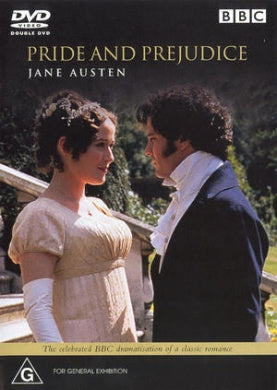 BBC DVD double feature cover for 'Pride and Prejudice' starring Jane Austen, featuring a man and woman in period costumes facing each other on a balcony, with BBC and DVD logos at the top.