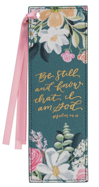Floral bookmark with 'Be still and know that I am God' text on a teal background