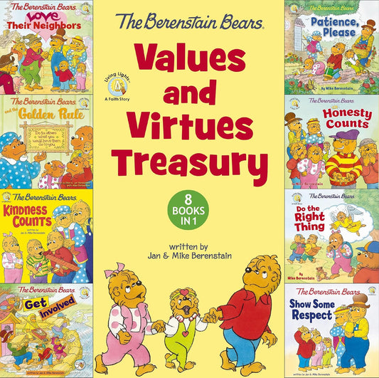 Collection of 'The Berenstain Bears' books on values and virtues with colorful covers.