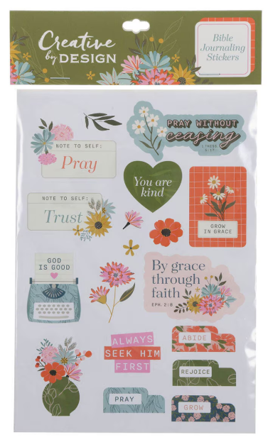 Packaging of Creative by Design Bible Journaling Stickers with various designs and text.