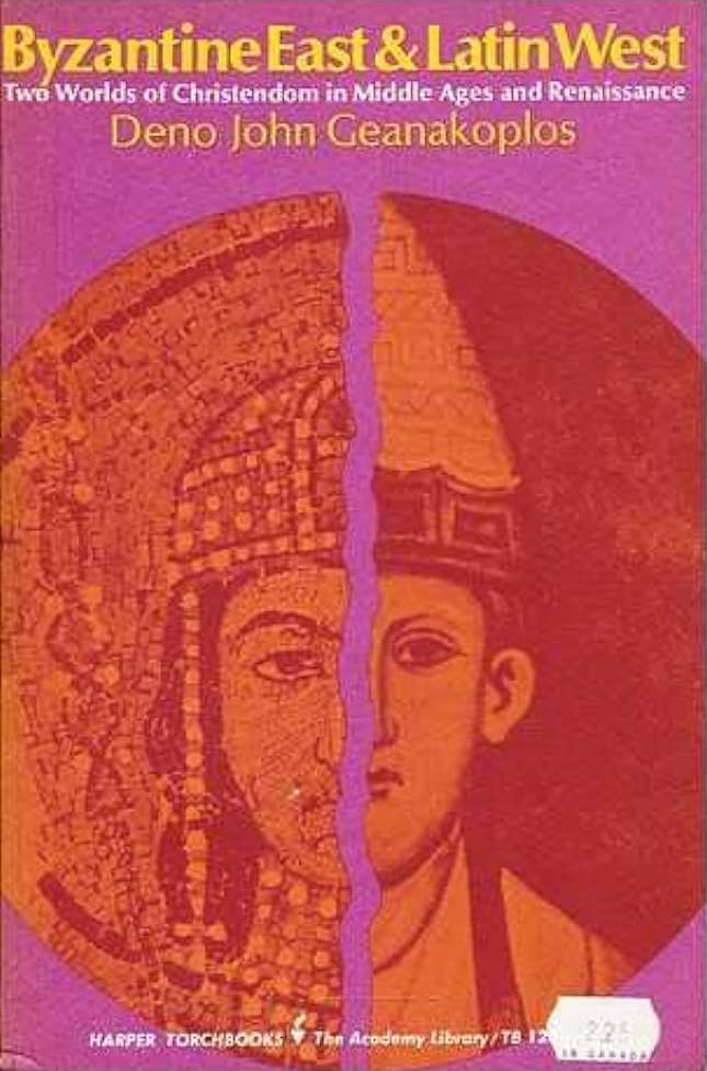 Front cover of the book 'Byzantine East & Latin West' by Deno John Geanakoplos, published by Harper Torchbooks. The cover features a split illustration of a classical face in warm ochre and red tones, divided vertically by a purple line, against a magenta background.