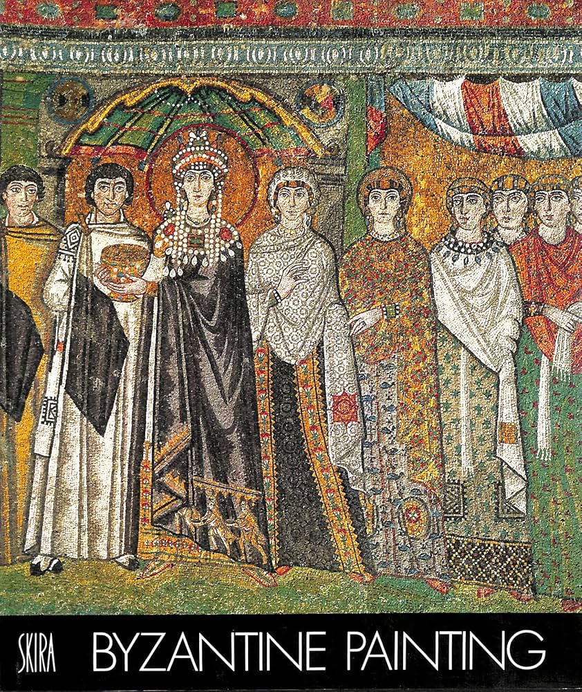 Byzantine painting of a woman with attendants, featuring intricate details and vibrant colors.