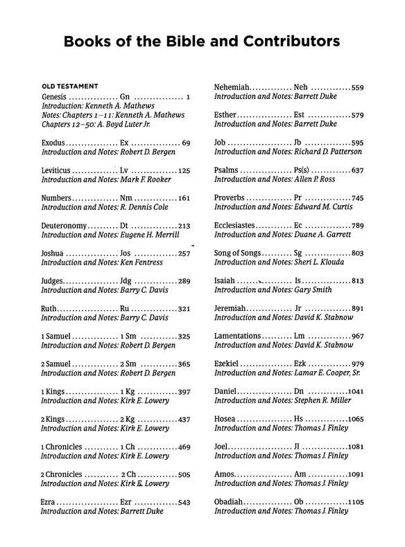Table of contents for 'Books of the Bible and Contributors' with chapter listings and authors.
