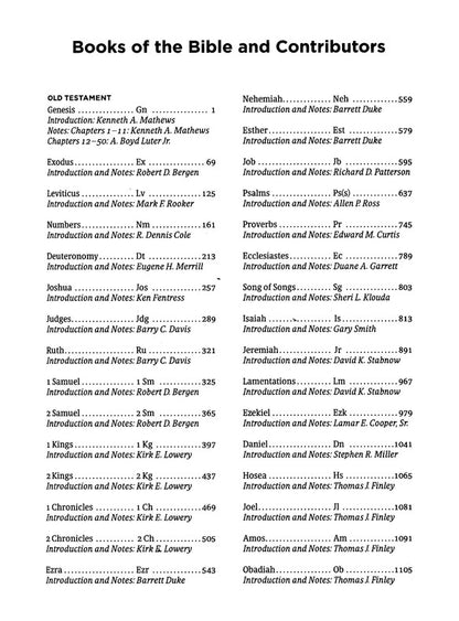 Table of contents for 'Books of the Bible and Contributors' with chapter listings and authors.