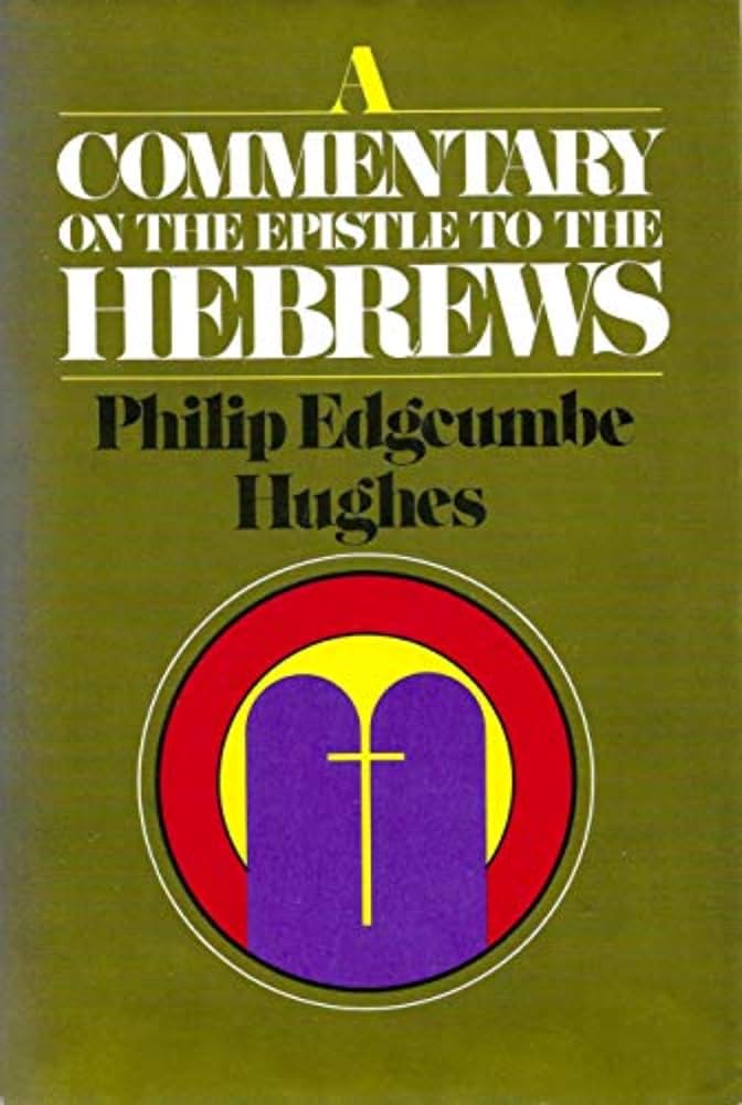 Book cover of 'A Commentary on the Epistle to the Hebrews' by Philip Edgecombe Hughes, featuring a textured olive green background with bold white and black text and a central circular graphic of purple, yellow, and red.
