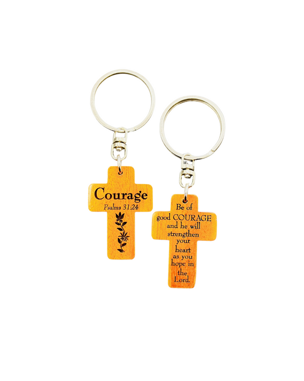 Wooden Keyring: Courage Mahogany Cross