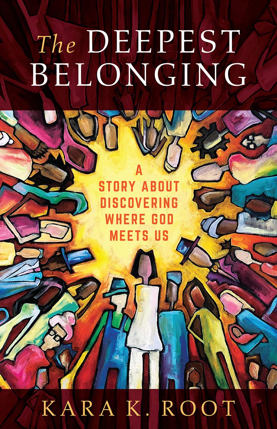 Book cover of 'The Deepest Belonging' with colorful shoes and a central figure.