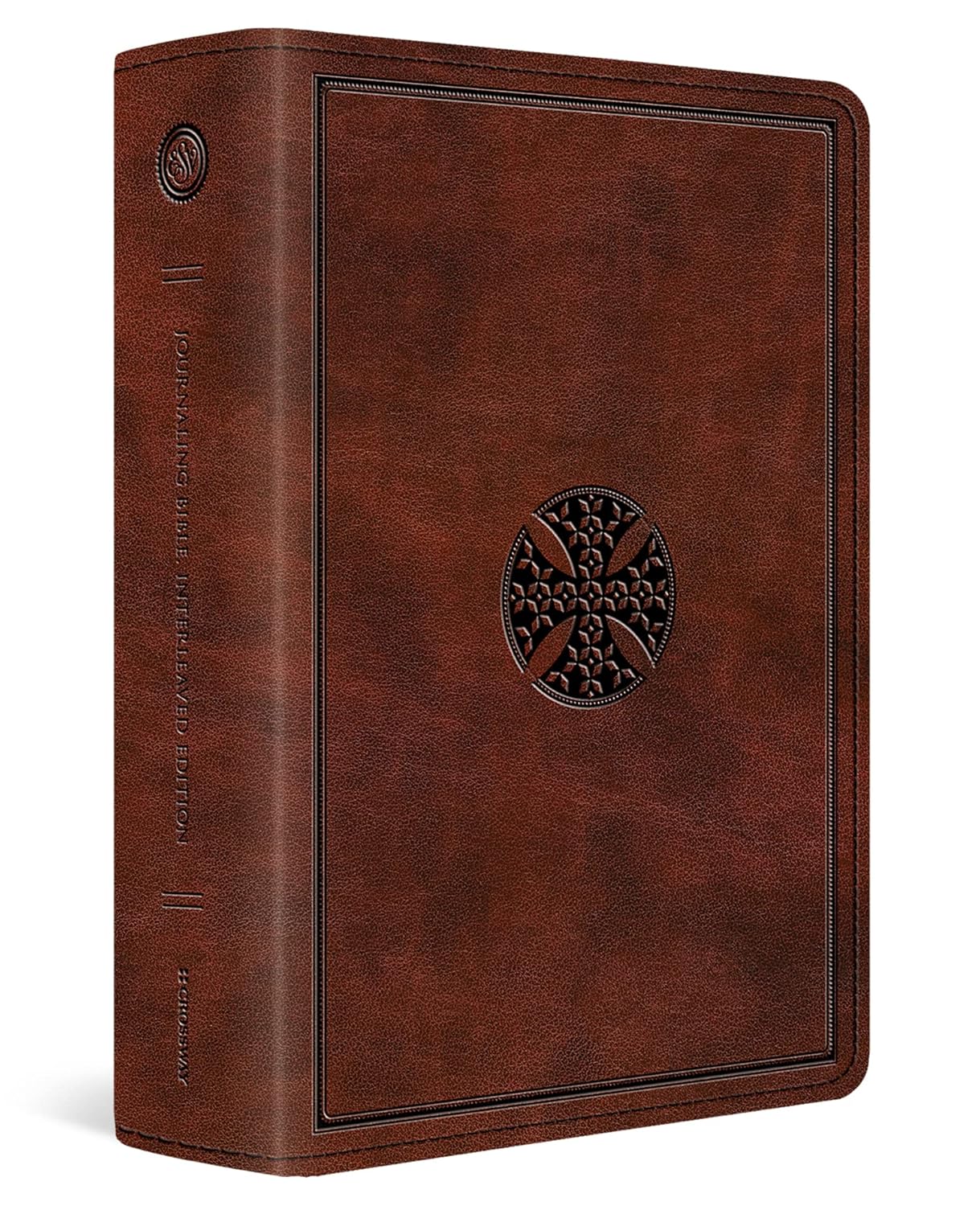 A brown faux-leather Bible cover shown at a three-quarter angle on a white background, featuring an embossed circular cross emblem on the front cover and matching text on the spine.