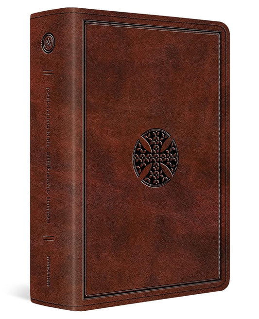 A brown faux-leather Bible cover shown at a three-quarter angle on a white background, featuring an embossed circular cross emblem on the front cover and matching text on the spine.
