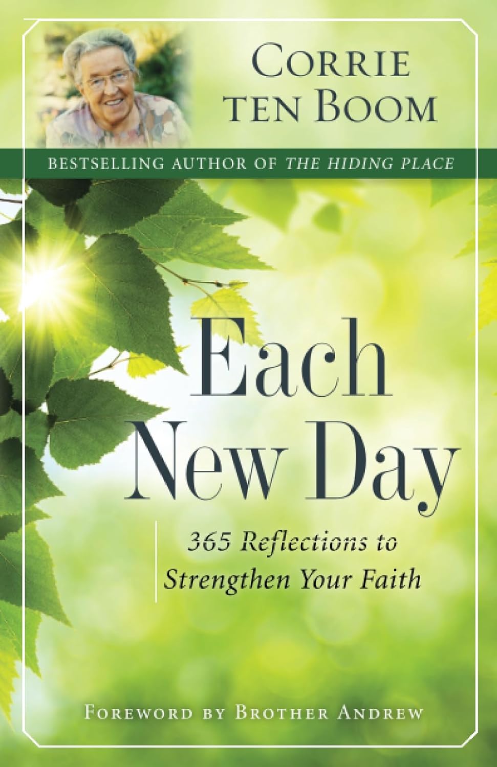 Book cover of 'Each New Day' by Corrie ten Boom with green leaves and a smiling person.