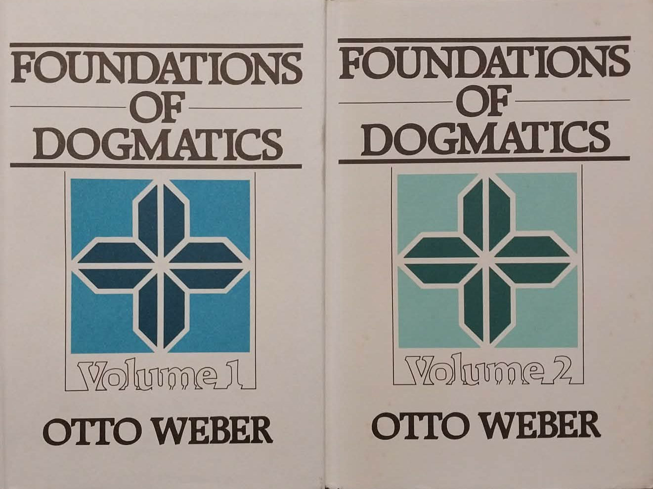 Two copies of the book 'Foundations of Dogmatics' by Otto Weber, Volume 1 and Volume 2, lying on a gray surface.