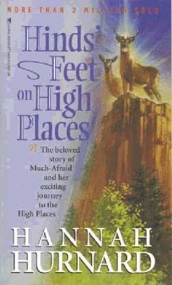 Book cover for 'Hinds' Feet on High Places' by Hannah Hurnard, featuring a purple title, a mountain scene with deer on a cliff, and the author's name in large white letters at the bottom.