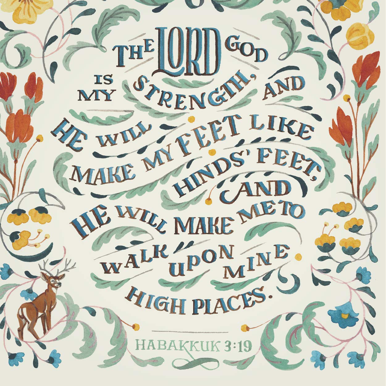 Decorative text of Habakkuk 3:19 with floral and animal illustrations on a light background