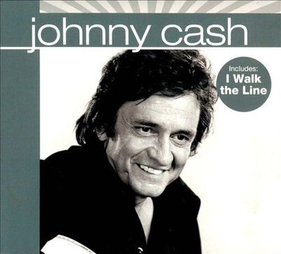 Album cover for Johnny Cash's 'Includes: I Walk the Line', featuring a black-and-white portrait of the artist on a white background with a dark gray vertical band on the left and a dark gray circular badge on the right.