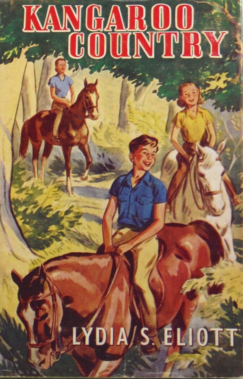 Book cover of 'Kangaroo Country' by Lydia S. Elliott featuring children on horseback in a forest setting.