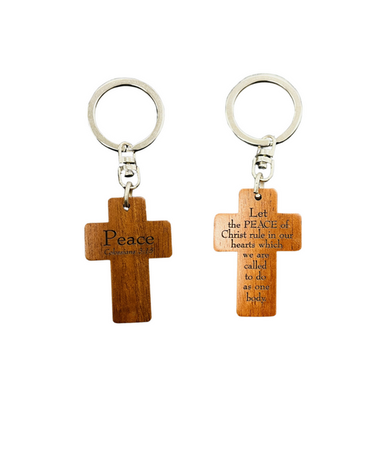 Wooden Keyring: Peace Mahogany Cross