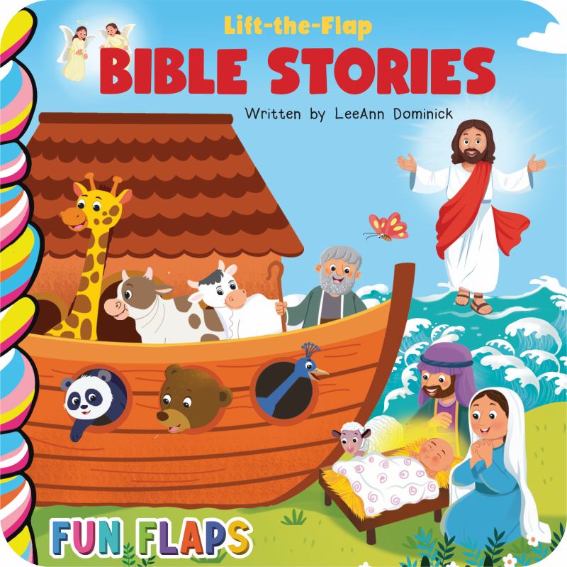 Book cover of 'Lift-the-Flap Bible Stories' with cartoon illustrations of Noah's Ark and religious characters.