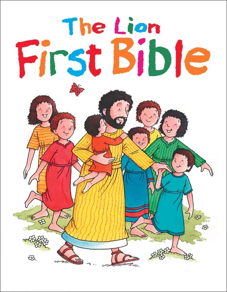Cover of 'The Lion First Bible' with colorful text and illustration of a man with children on a white background.