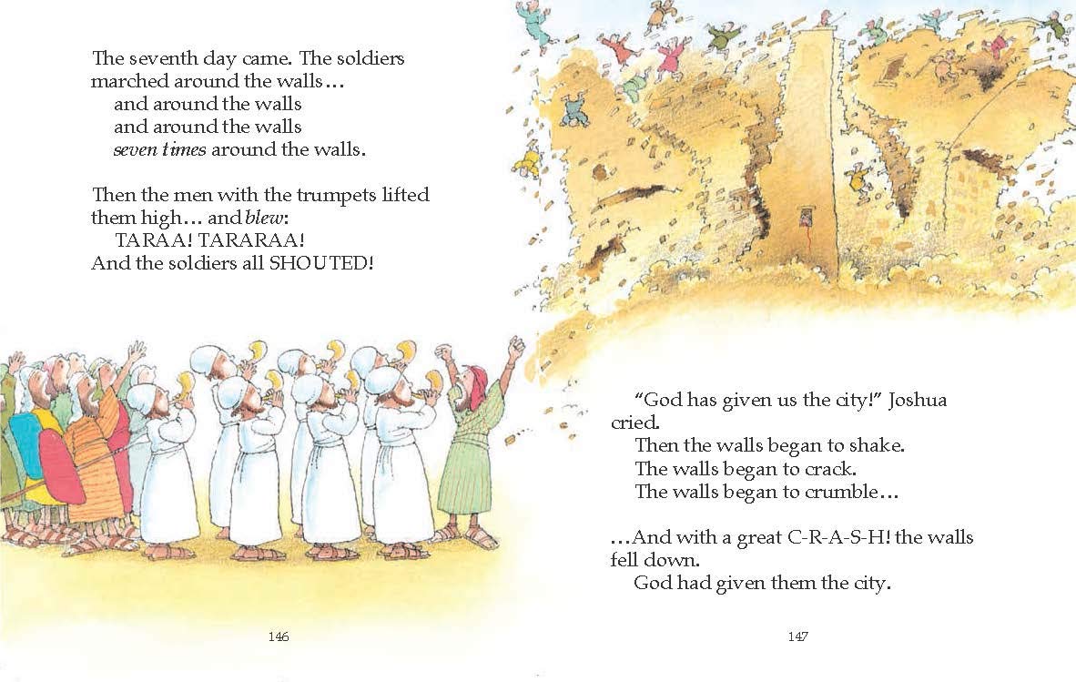 Illustrated page from a children's book with soldiers and people around walls, and text describing a historical event.